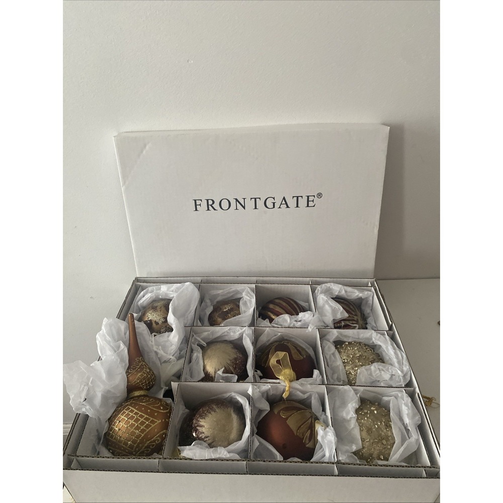 Frontgate Holiday Collection Glass Ornaments Set of 11 Gold Bronze Neutral Box